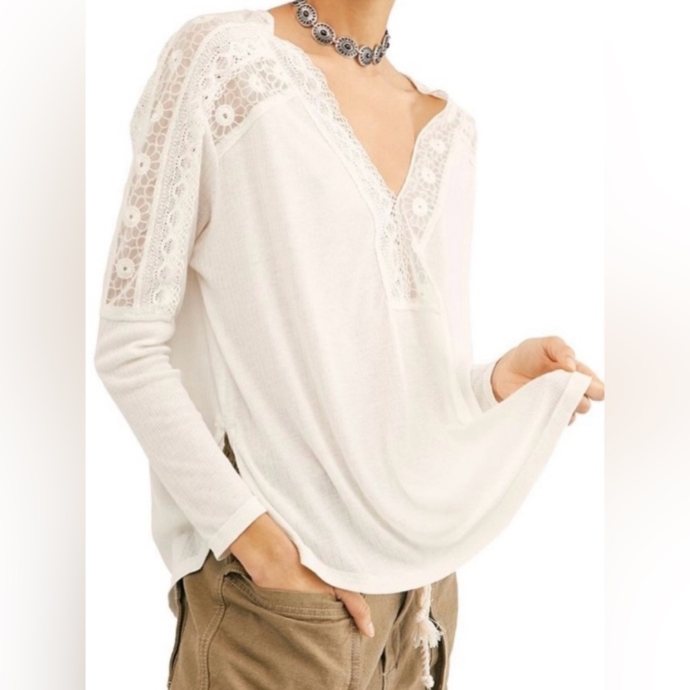 Free People Lola Long Sleeve Knit Lace Top White Oversized Cottagecore Medium